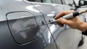 Paintless dent repair on a damaged vehicle